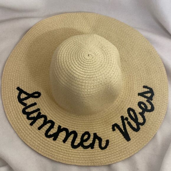 Summer vibes embroidery straw summer Sun floppy tan hat packable large brim - Picture 1 of 12
